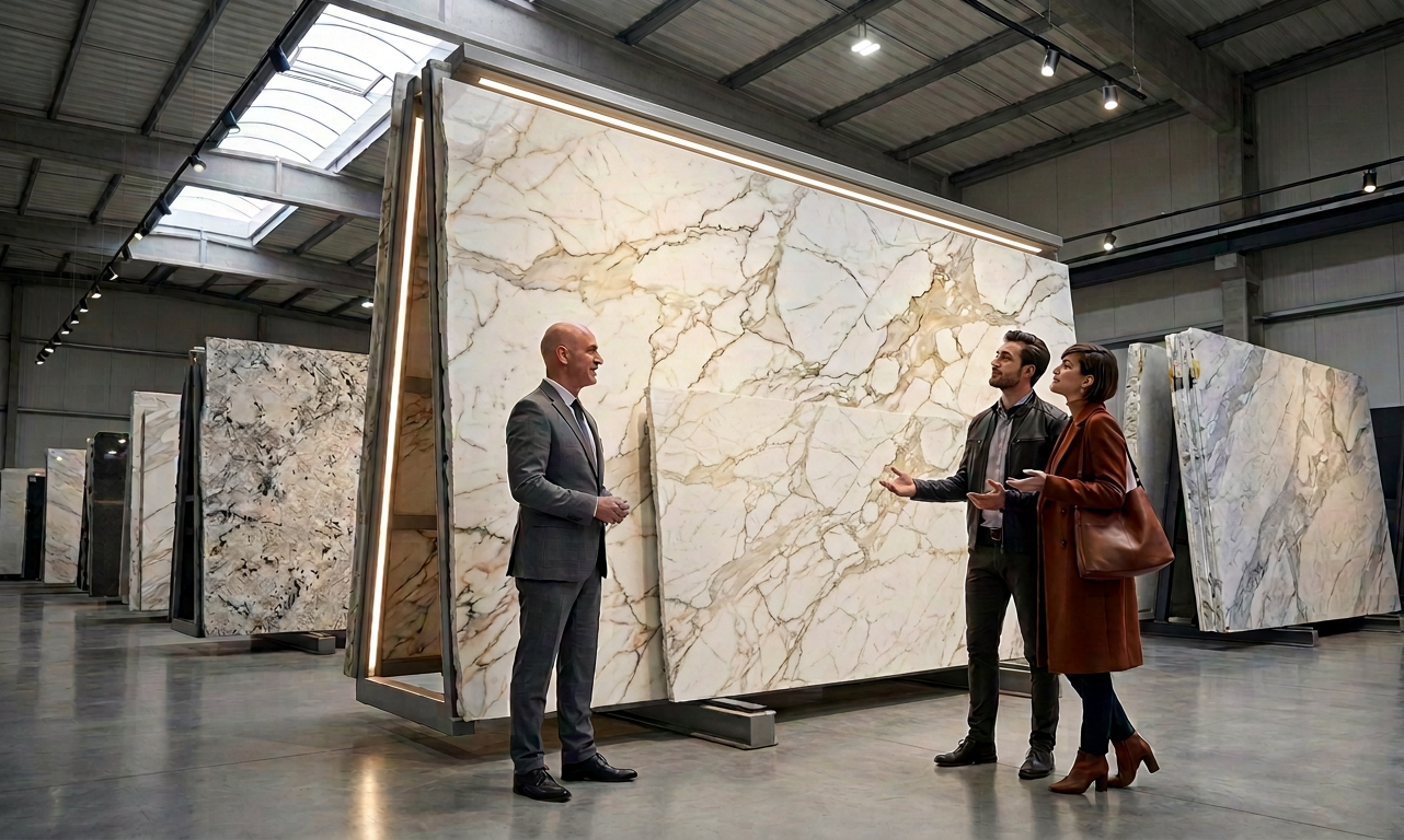Customers examining marble slab slabs with a consultant in a stone showroom