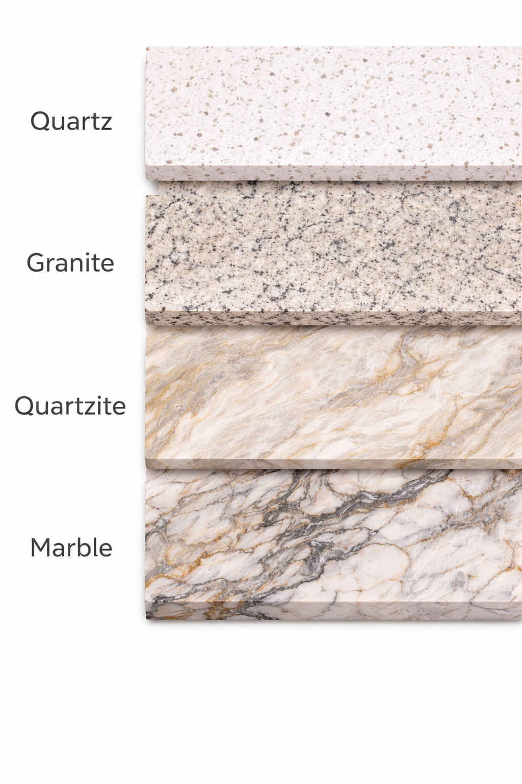 Quartz, granite, quartzite, and marble stone slab examples stacked vertically for countertop material comparison