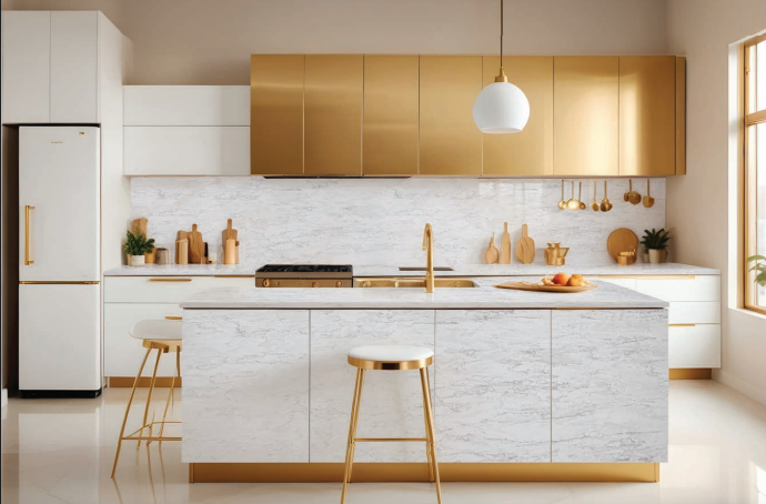 Modern luxury kitchen with Calacatta quartz countertops, white and gold cabinetry, and minimalist design with warm lighting