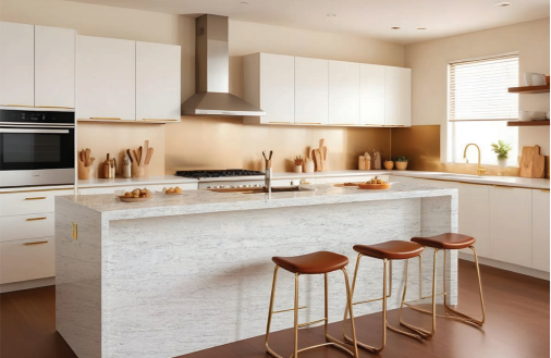 Elegant modern kitchen with white cabinetry, Calacatta quartz island countertop, warm wood flooring, and gold-accent bar stools