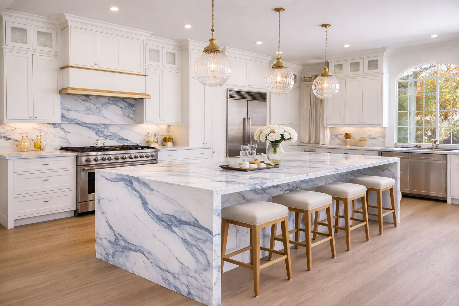 Luxury white marble waterfall kitchen island with blue veining and modern countertops-2
