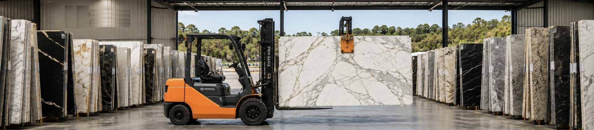 Stone slabs displayed in a warehouse with a forklift