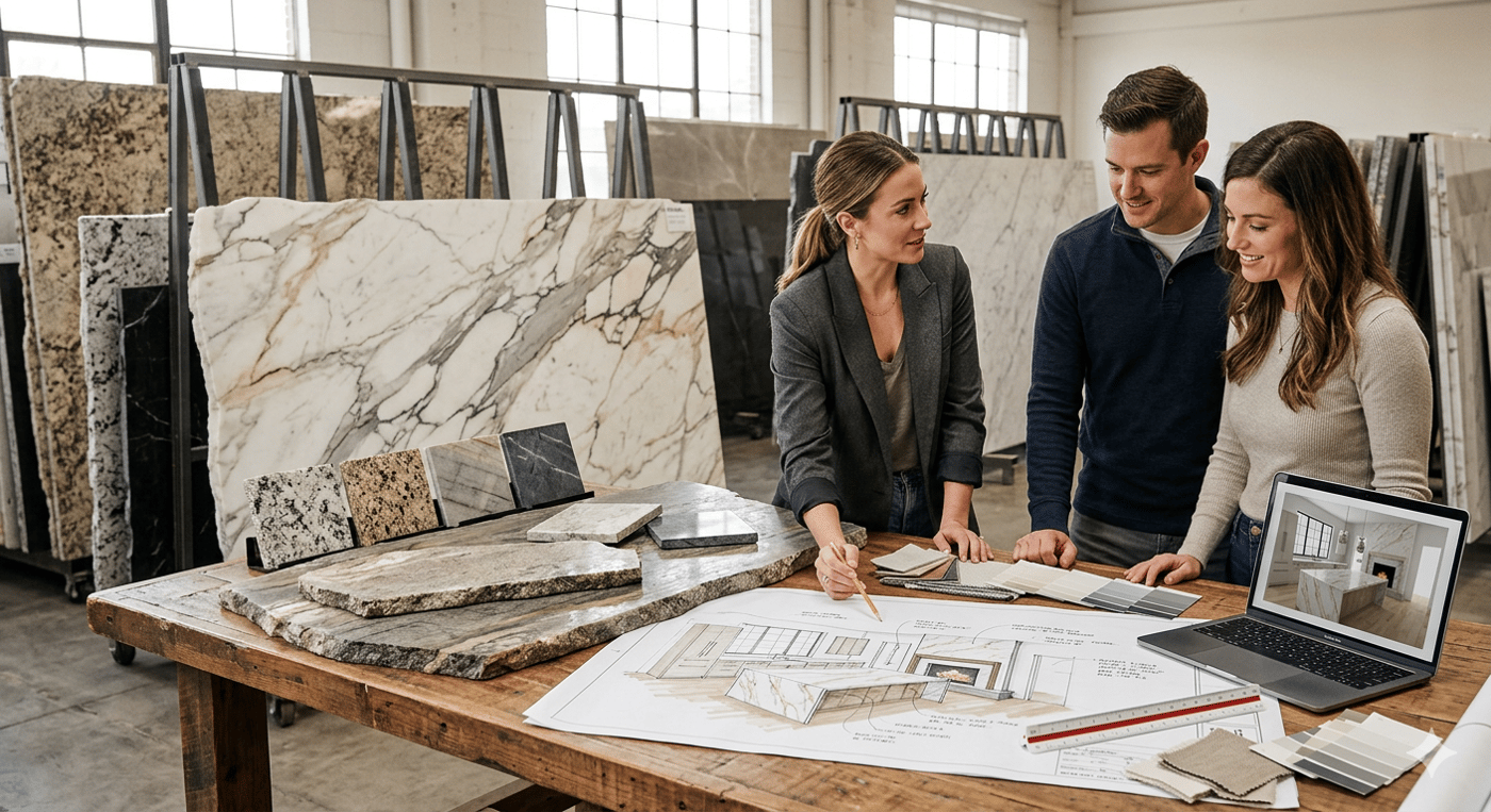 Customers choosing quartz, granite, and marble slab samples with a consultant in a stone showroom Customers choosing quartz, granite, and marble slab samples with a consultant in a stone showroom