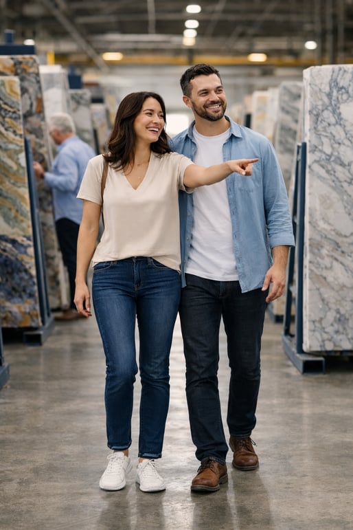 Homeowners browsing quartz, granite, and marble slabs in a stone warehouse showroom in South Florida Homeowners browsing quartz, granite, and marble slabs in a stone warehouse showroom in South Florida